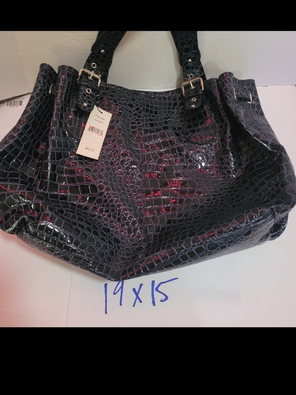 Bueno Patent Croc-Embossed Shoulder Bag in Black and Red